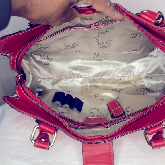 MC red embossed genuine leather satchel handbag with feet. - Picture 16 of 16